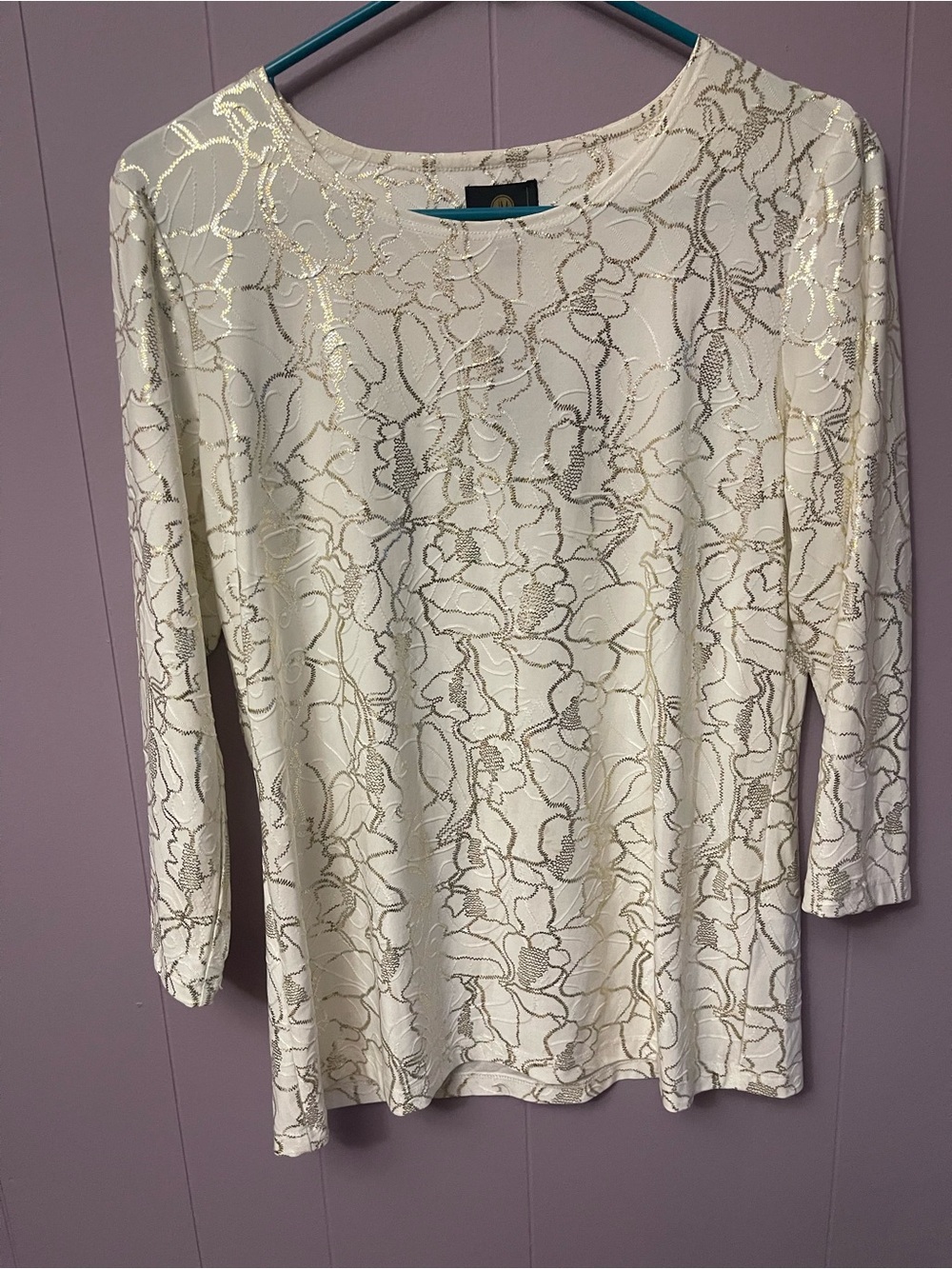 JM Collection Cream Long Sleeve Top with Metallic Gold Floral Print